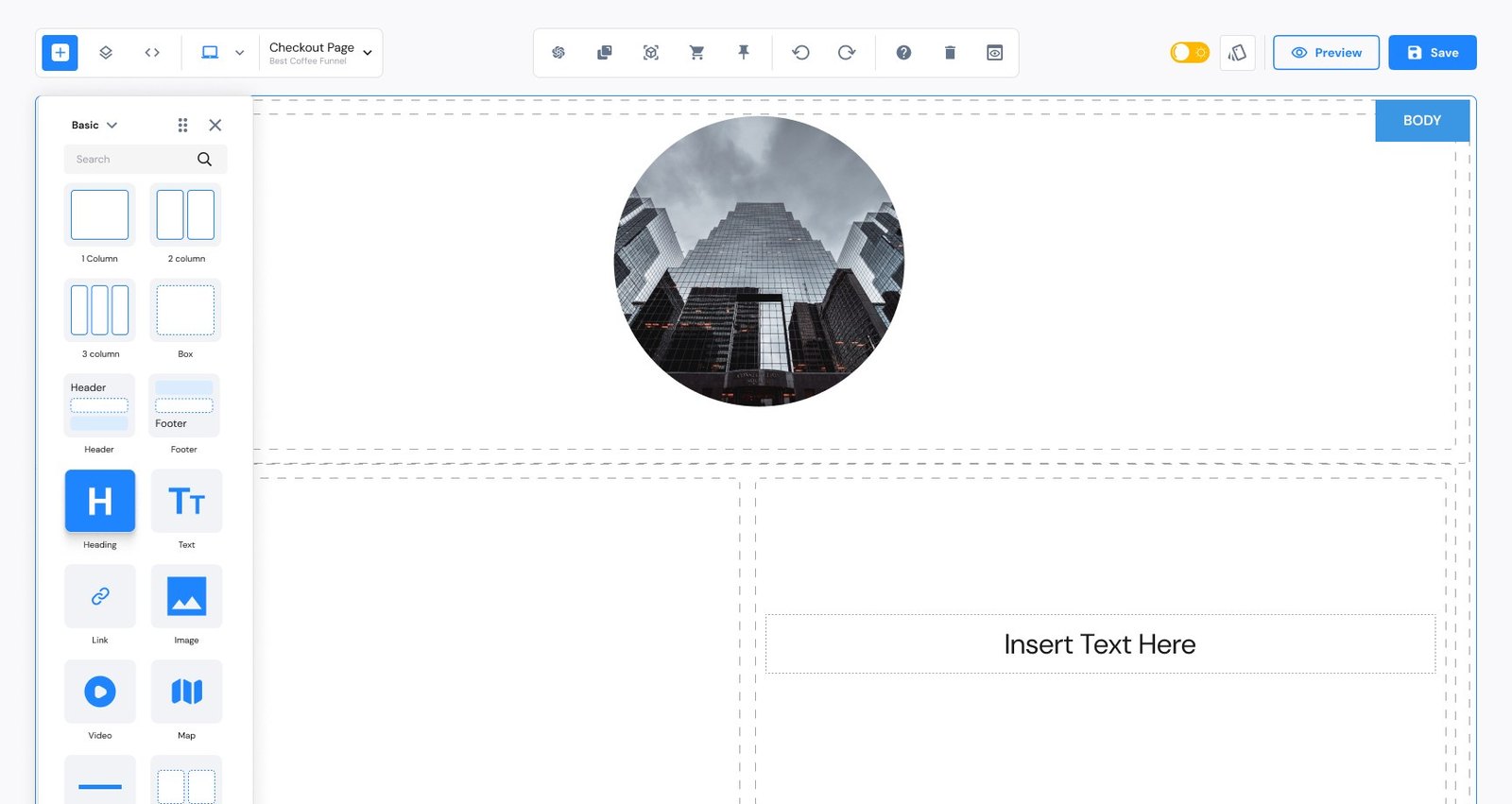 After: the redesigned builder with a grouped top toolbar and a floating, labelled blocks panel